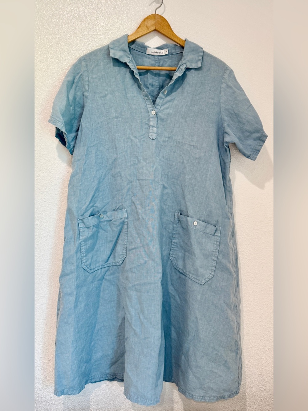 Cut Loose Coastal Grandmother Blue 100% Linen Pocket Shirt Dress Lagenlook S
